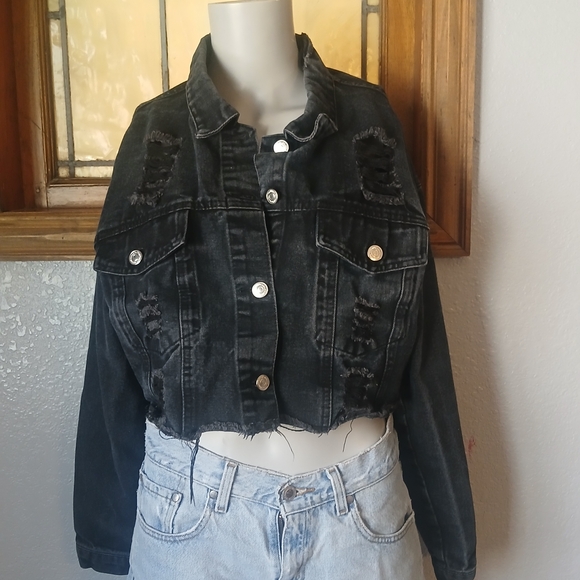 SHEIN Jackets & Blazers - Black Distressed Cropped Denim Jacket, Shein Large, Edgy Grunge Fray